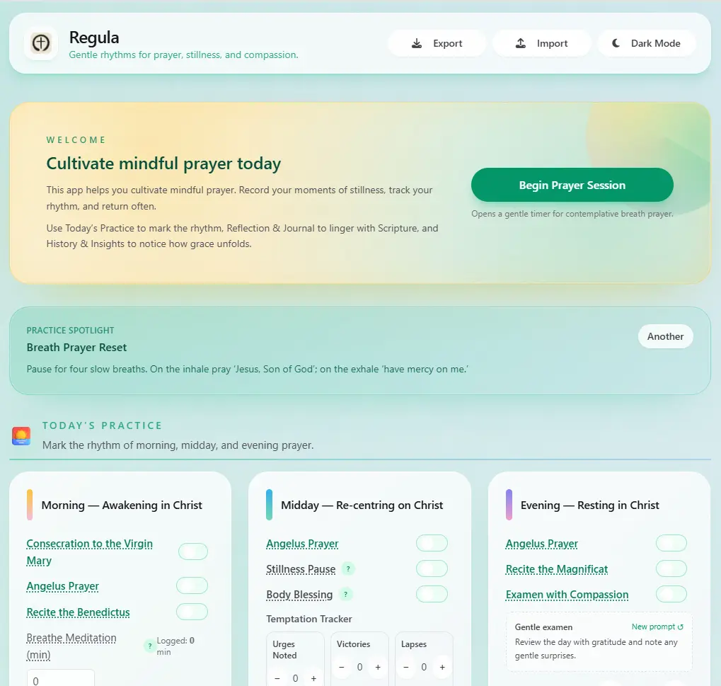Screenshot preview of the Regula prayer companion interface
