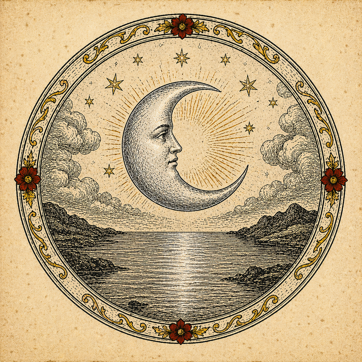 Luna — the Moon: alchemical symbol of Albedo, the purified and reflective silver disc