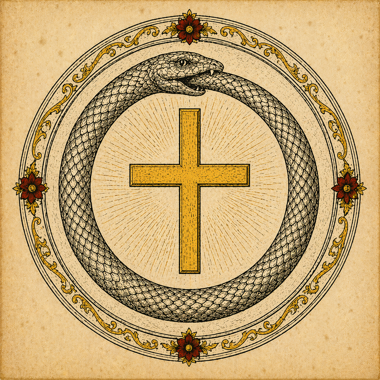 Ouroboros encircling a cross — alchemical emblem