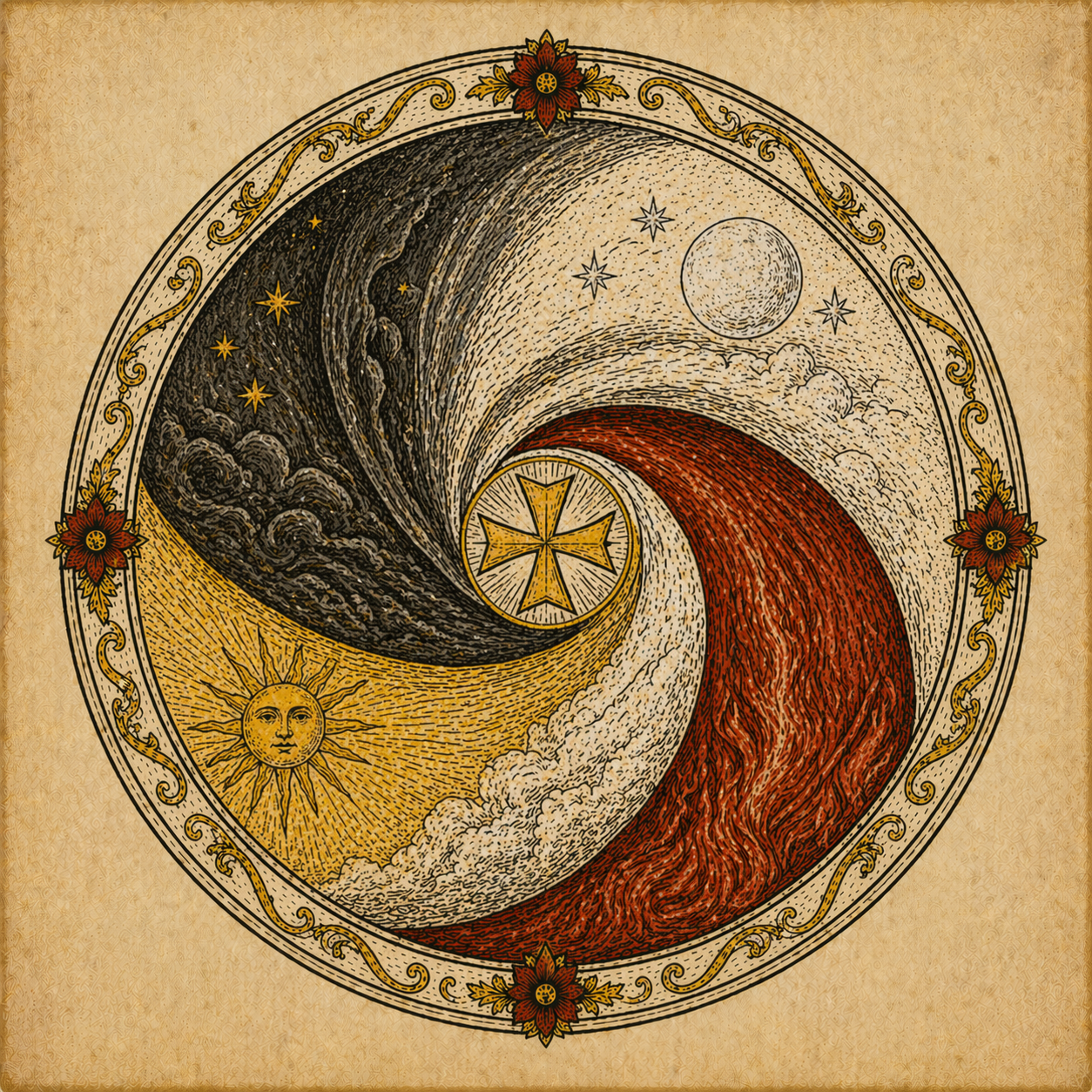 Circulatio: cyclical transformation diagram showing the recursive movement of the Opus Magnum around the central Stone