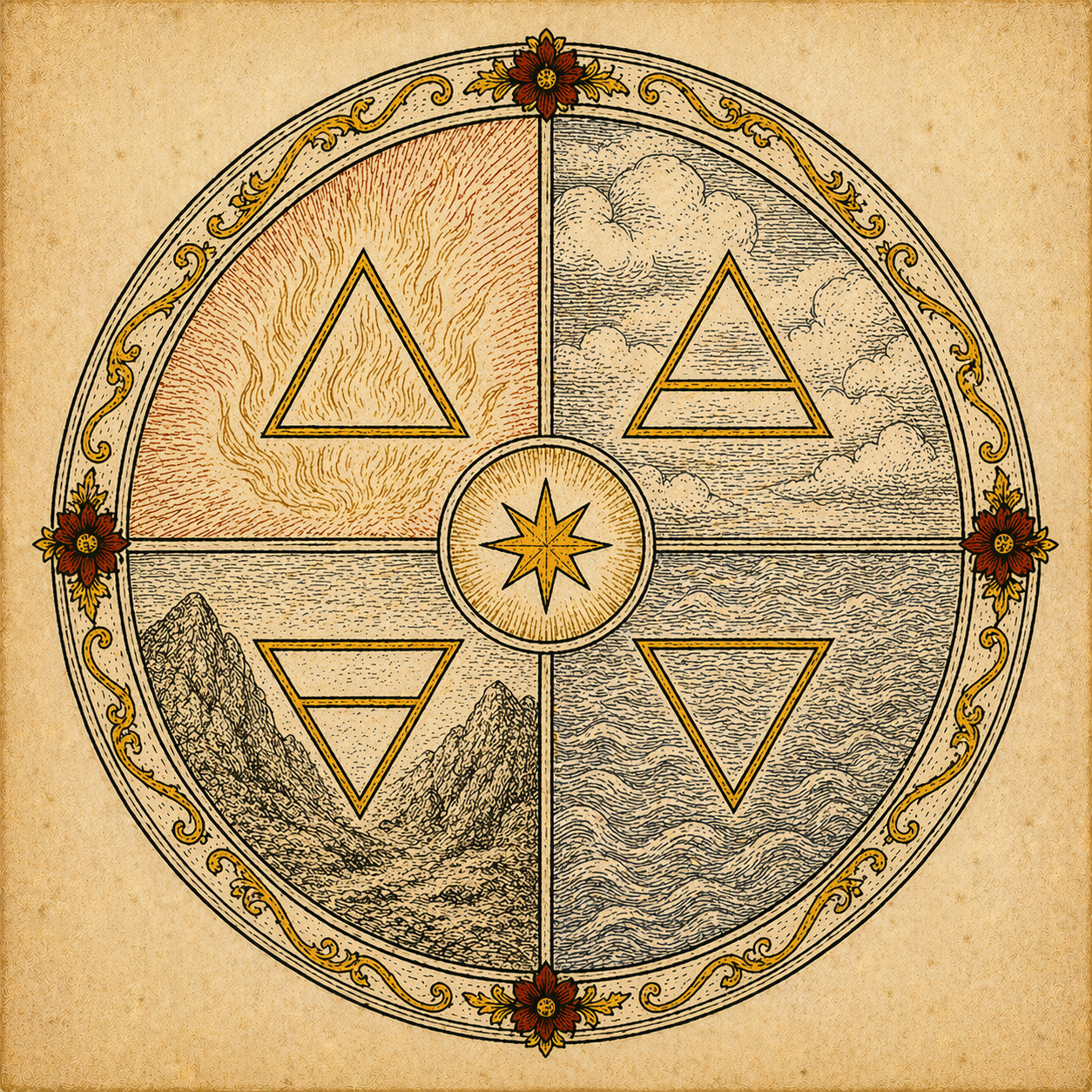 The Four Elements — alchemical diagram of Earth, Water, Air, Fire and the Quinta Essentia