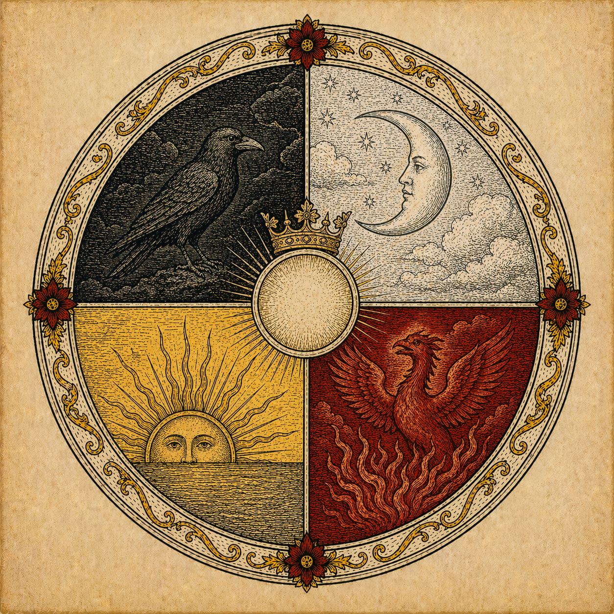 The Opus Magnum wheel: four stage segments — Nigredo, Albedo, Citrinitas, Rubedo — surrounding the Philosopher's Stone at the centre