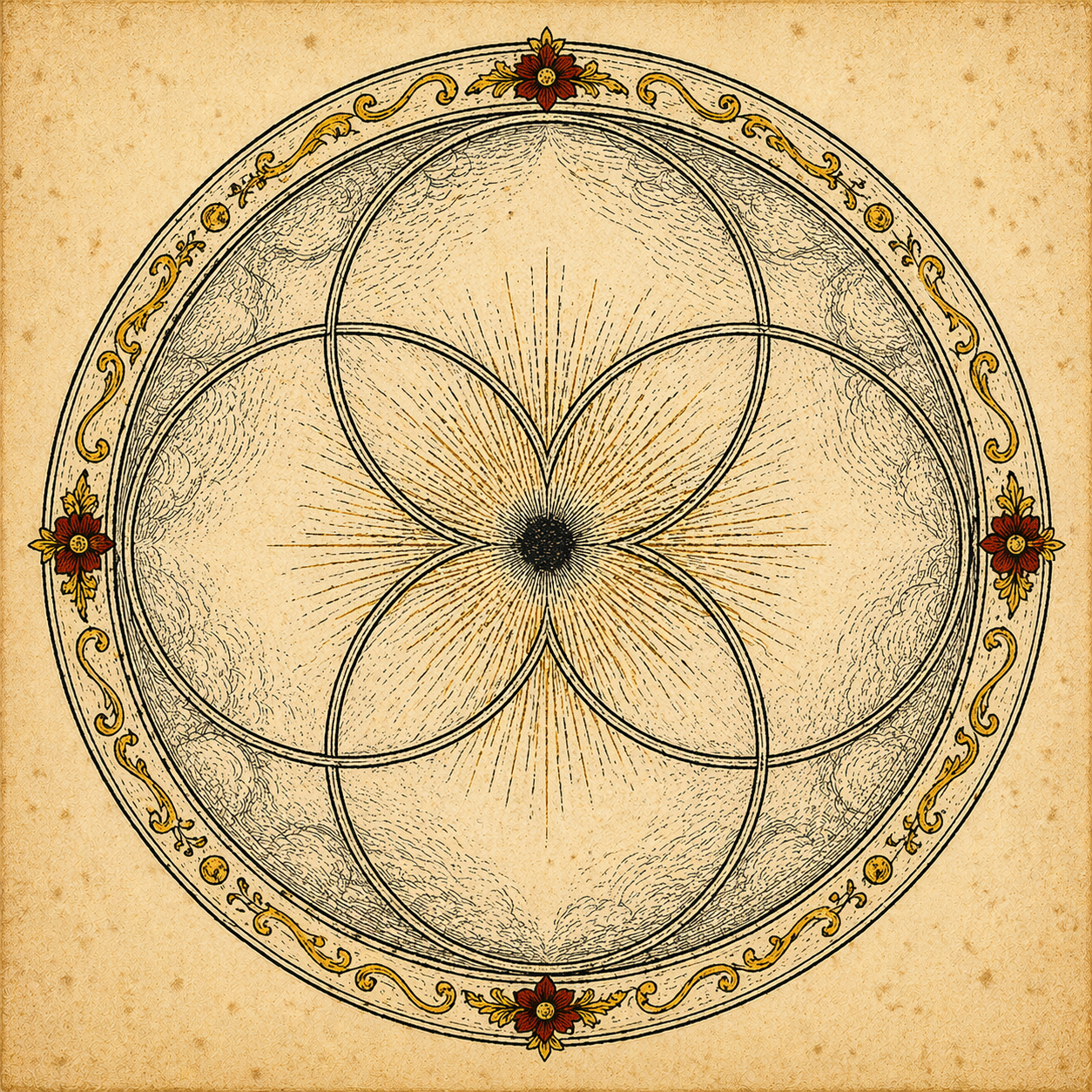 Alchemical symbol of Prima Materia: overlapping circles surrounding a central point, representing the undifferentiated source of all things
