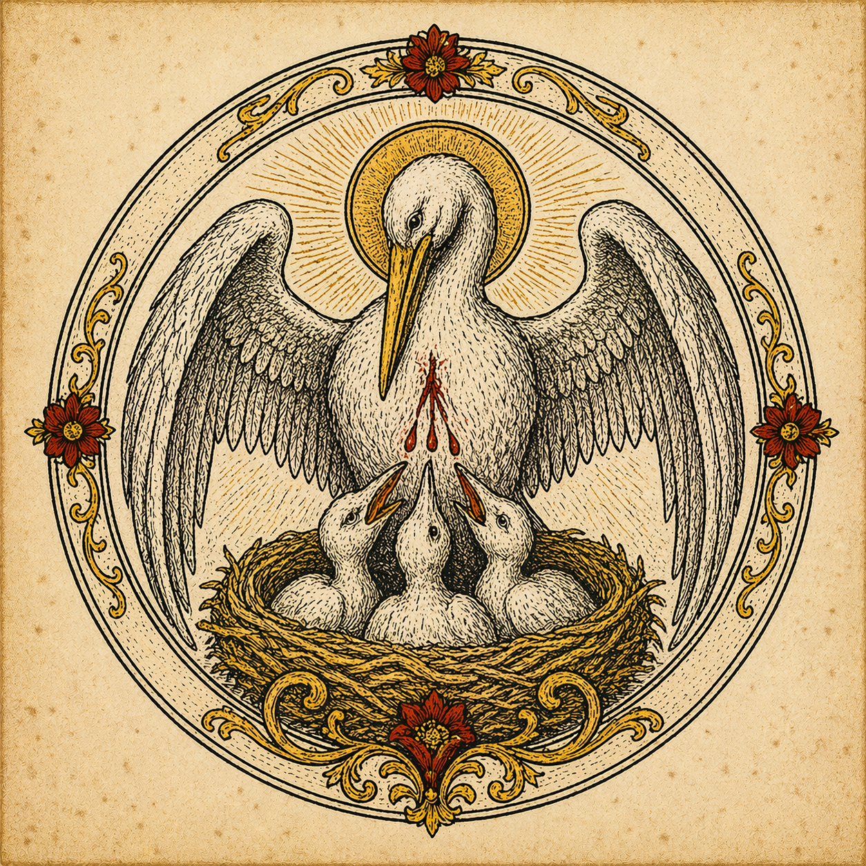 Pelican in its piety — feeding young from its own blood, the medieval figura Christi