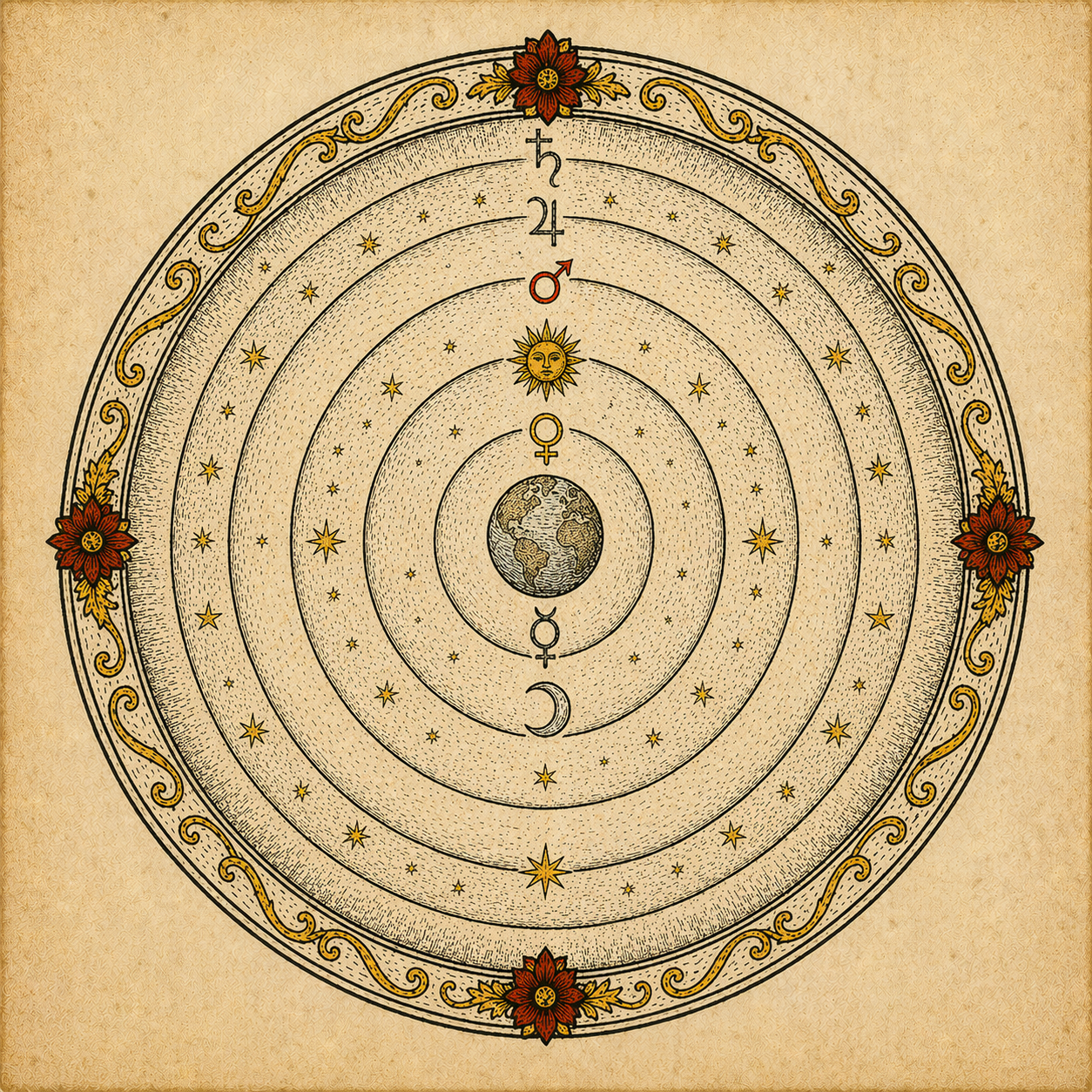 Seven concentric planetary spheres — the geocentric cosmology of the medieval alchemists, from Saturn at the outermost to the Moon nearest the Earth
